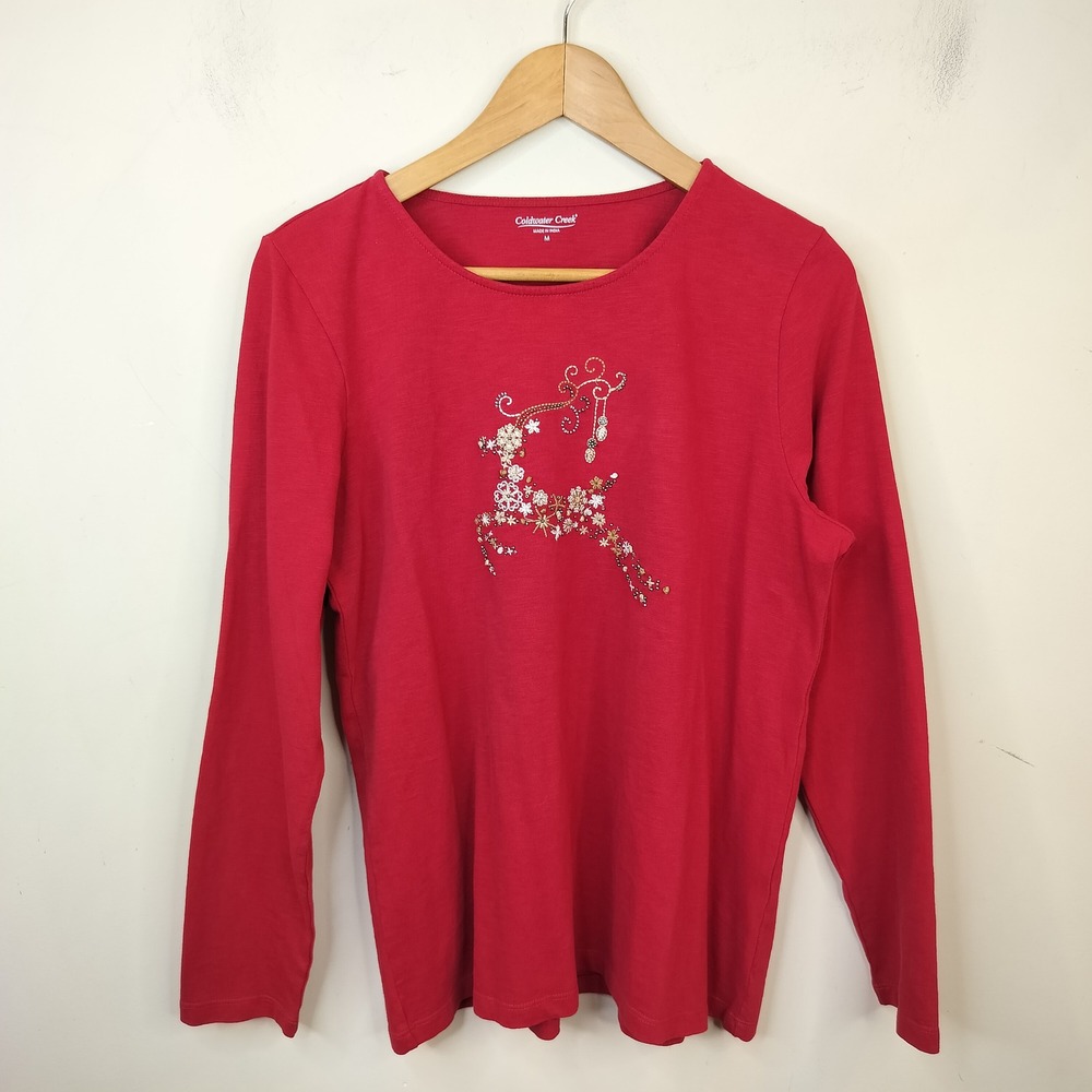 Coldwater Creek Reindeer T Shirt Medium Beaded Embroidered Christmas Holiday